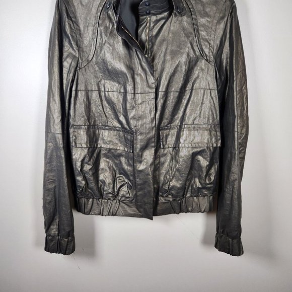 French Connection Bomber Jacket Womens Olive Green Metallic Coated Linen Y2K - Picture 3 of 13